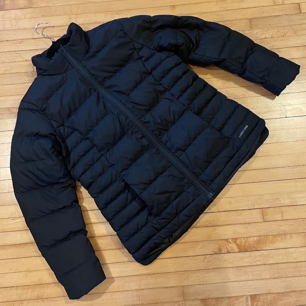 LANDS' END Down Puffer Coat Jacket 600 Fill Mock Neck Vent Hem Water Resistant
